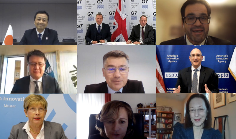 （Photo1）Photo of participants
						Top left: Mr. MORI (JPO, JP)
						Top center: Mr. Moss (UKIPO, UK)
						Top right: Mr. Georgaras (CIPO, CA)
						Middle left: Mr. Tang (WIPO, Observer)
						Middle center: Mr. Faure (INPI, FR)
						Middle right: Mr. Hirshfeld (USPTO, US)
						Bottom left: Ms. Rudloff-Schäffer (DPMA, DE)
						Bottom center: Ms. Marzetti (UIBM, IT)
						Bottom right: Ms. Perlmutter (USCO, US)
						