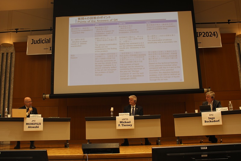 (Photo-5) Panel Discussion (From left, Mr. MORIFUJI Atsushi, Executive Chief Administrative Judge of the TAD, the JPO, Mr. Michael Tierney, Vice Chief Administrative Patent Judge, PTAB, the USPTO, Mr. Ingo Beckedorf, Chair of the Legal Board of Appeal, Boards of Appeal, the EPO)