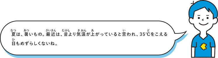夏は、暑いもの。最近は、昔より気温が上がっていると言われ、35℃をこえる日もめずらしくないね。