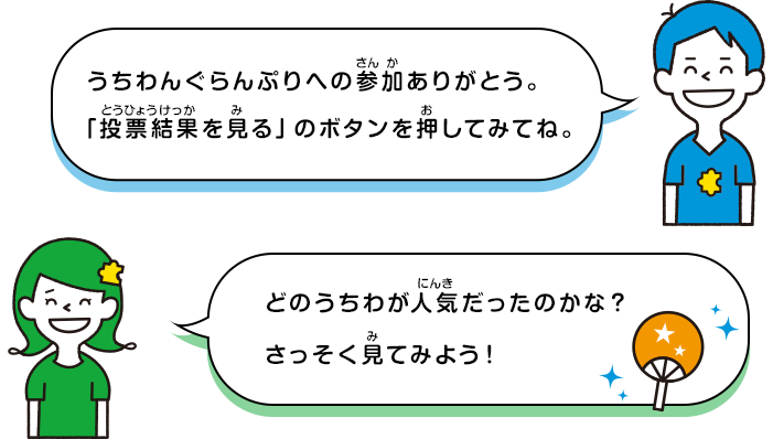 うちわんぐらんぷりへの参加ありがとう　「投票結果を見る」のボタンを押してみてね。どのうちわが人気だったのかな？さっそく見てみよう！