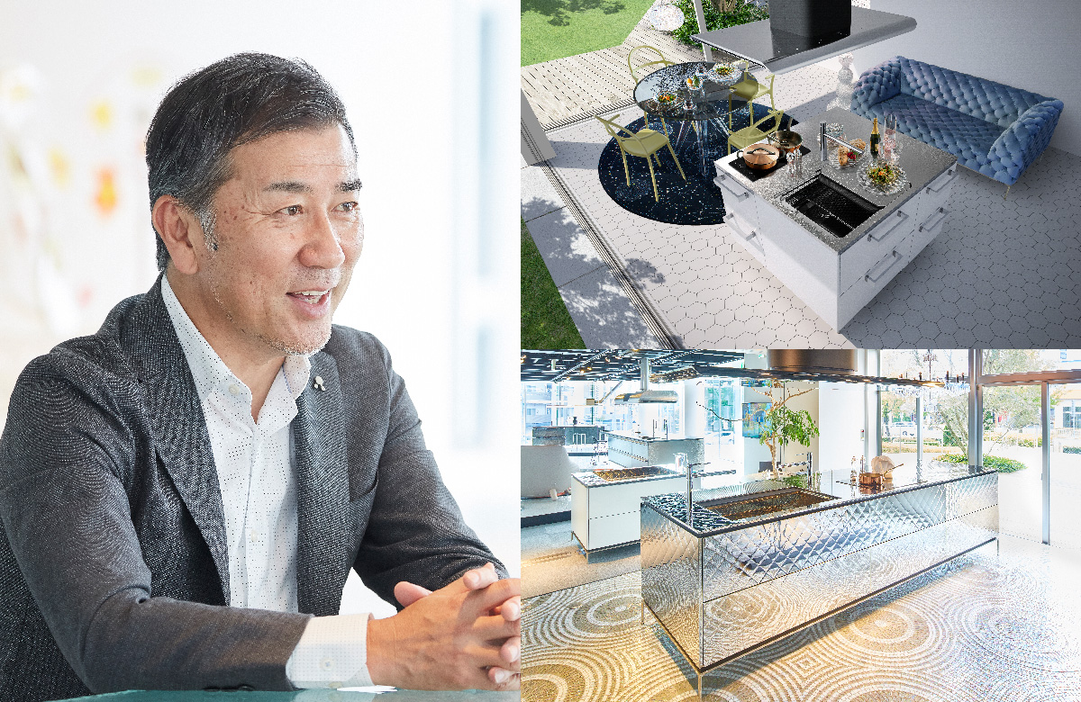 【左】4代目となる清本英嗣取締役社長の写真　【右上】コンパクトな住空間向けに開発されながらも十分な作業スペースを確保した「i kitchen キューブ」の写真　【右下】ステンレスを鏡面に仕上げ、遊び心と美しさが共存するキルト柄を配した「イノ・キルト」の写真