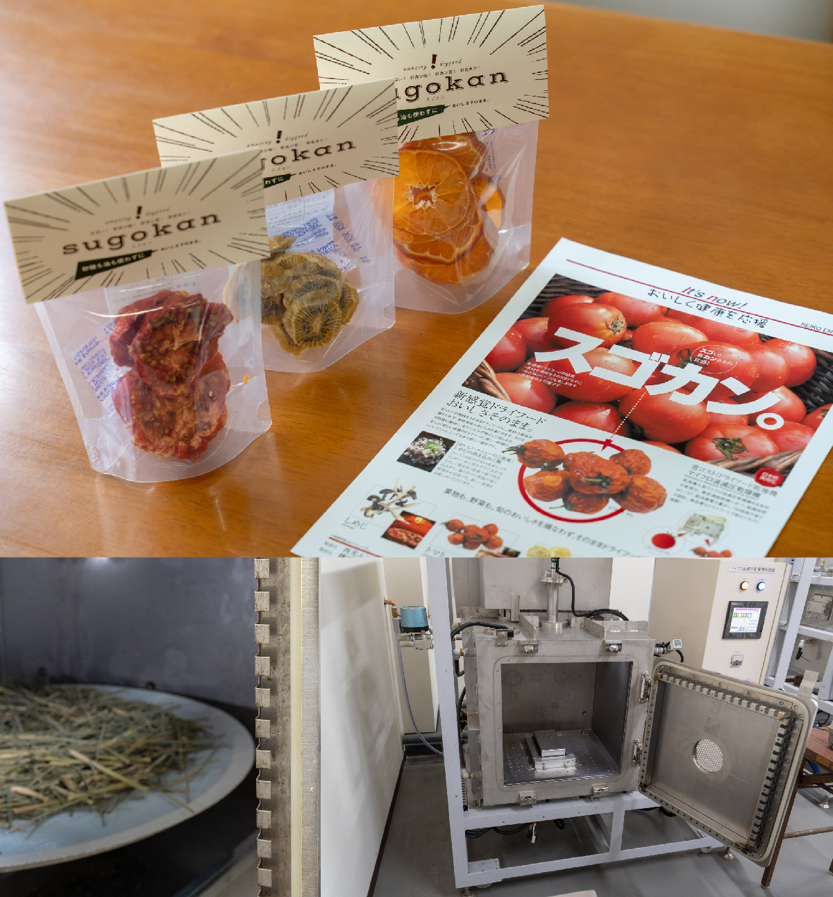 【上】マイクロ波減圧乾燥機を利用したドライ食品。低温かつ高速で水分を蒸発させるので素材本来の色や香り、栄養価を保てるの写真【左下】チョークの凸凹が噛み合う形でマイクロ波の漏洩を防ぐ扉構造（マイクロ波減圧乾燥機）の写真 【右下】マイクロ波減圧乾燥機のラボ機の写真