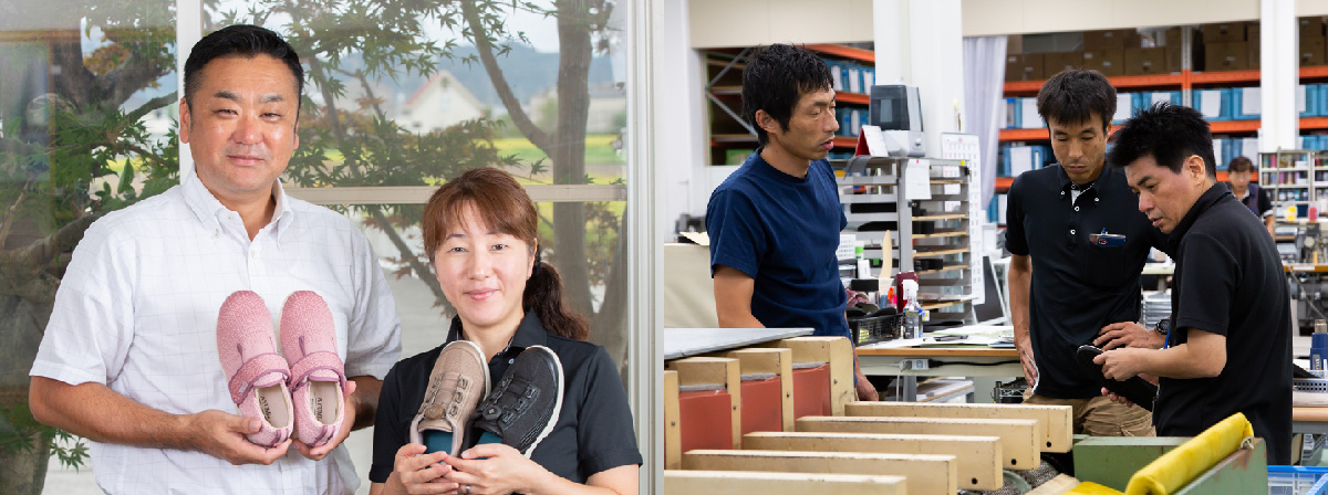 【左】西尾政展代表取締役社長（左）と販売促進課リーダーの蓮井真由美さんの写真 【右】1つずつ異なるパーツオーダー製品は香川県の本社工場にて手作業で生産。難しい要望にも応えようと試行錯誤を重ねるの写真