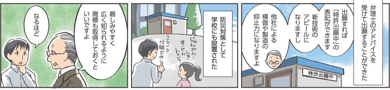 13コマ目地の文：「弁理士のアドバイスを受けて出願することができた」13コマ目吹き出し：窓口係員「出願すれば「特許出願中」の表記ができます」「新技術のアピールになりますし他社による模倣や製造の抑止力になりますよ」14コマ目地の文：「防災対策として学校にも設置された」「じゅんかん…しきすいせんトイレ？」「こういう仕組みでね…」15コマ目吹き出し：窓口係員「親しみやすく広く知られるように商標も取得しておくといいですよ」専務「なるほど」