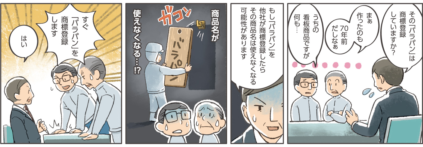 10コマ目吹き出し：窓口支援担当「その「バラパン」は商標登録していますか？」社長「まぁ作ったのも70年前だしなぁ」部長「うちの看板商品ですが何も…」11コマ目吹き出し：窓口支援担当「もし「バラパン」を他社が商標登録したらその商品名は使えなくなる可能性があります」12コマ目地の文：「商品名が使えなくなる…！？」13コマ目吹き出し：社長・部長「すぐ「バラパン」を商標登録します」窓口支援担当「はい」