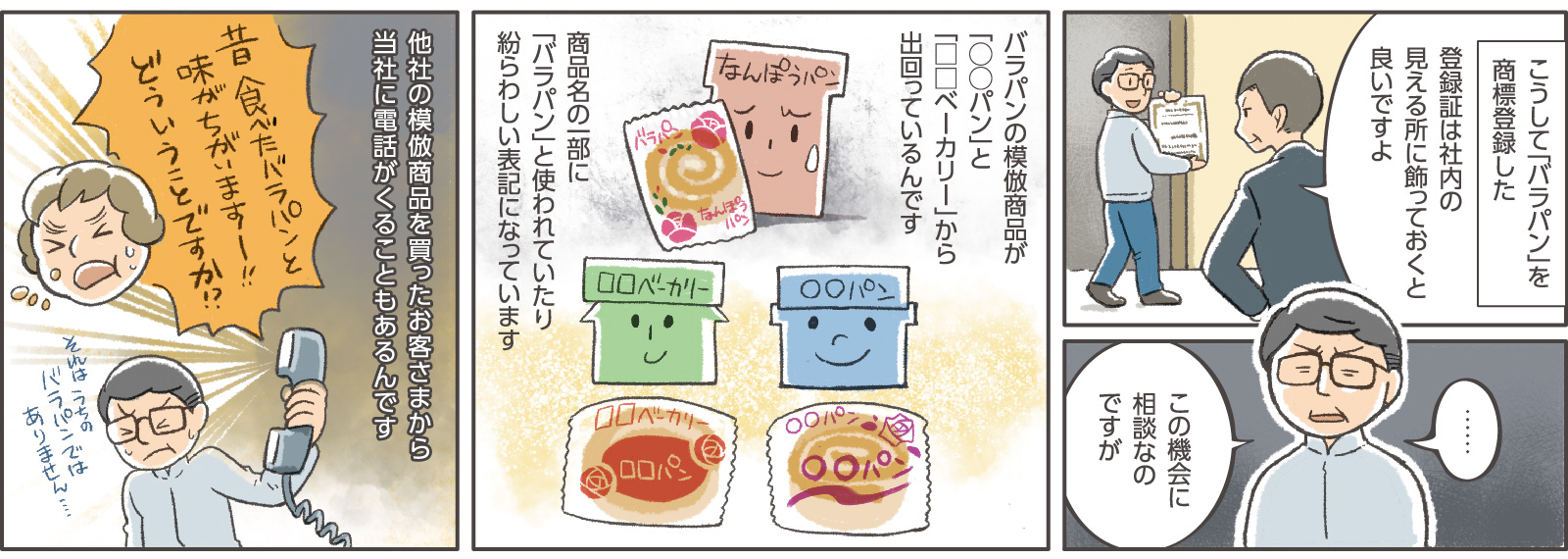 14コマ目地の文：「こうして「バラパン」を商標登録した」14コマ目吹き出し：窓口支援担当「登録証は社内の見える所に飾っておくと良いですよ」15コマ目吹き出し：部長「……この機会に相談なのですが」16コマ目地の文：「バラパンの模倣商品が「◯◯パン」と「□□ベーカリー」から出回っているんです　商品名の一部に「バラパン」と使われていたり紛らわしい表記になっています」17コマ目地の文：「他社の模倣商品を買ったお客さまから当社に電話がくることもあるんです」17コマ目吹き出し：電話「昔食べたバラパンと味がちがいます～！！ どうゆうことですか！？」部長「それはうちのバラパンではありません…」