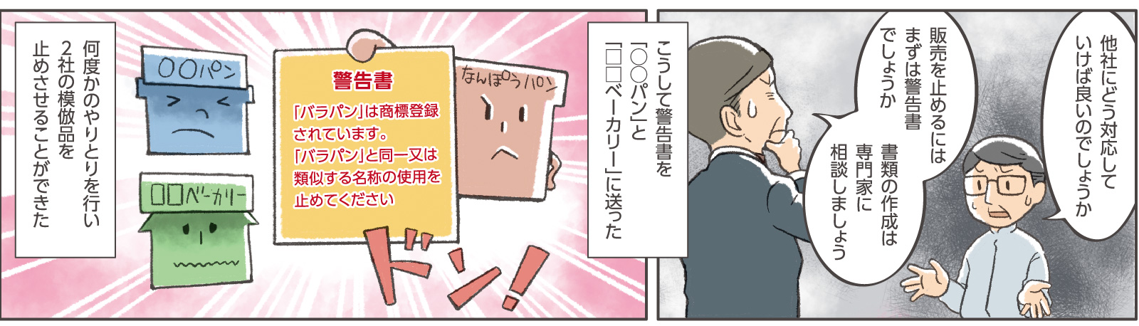 18コマ目吹き出し：部長「他社にどう対応していけば良いのでしょうか」窓口支援担当「販売を止めるにはまずは警告書でしょうか　書類の作成は専門家に相談しましょう」19コマ目地の文：「こうして警告書を「◯◯パン」と「□□ベーカリー」に送った」「警告書 「バラパン」は商標登録されています。「バラパン」と同一又は類似する名称の使用を止めてください」「何度かのやりとりを行い２社の模倣品を止めさせることができた」