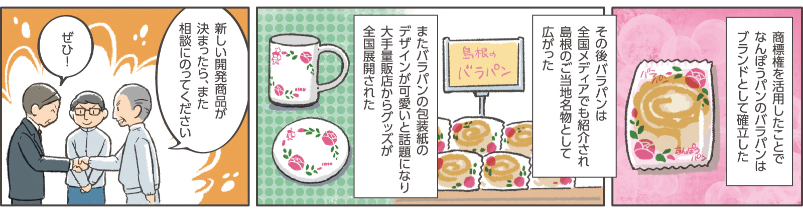 20コマ目地の文：「商標権を活用したことでなんぽうパンのバラパンはブランドとして確立した」21コマ目地の文：「その後バラパンは全国メディアでも紹介され島根のご当地名物として広がった」「またバラパンの包装紙のデザインが可愛いと話題になり大手量販店からグッズが全国展開された」22コマ目吹き出し：社長「新しい開発商品が決まったら、また相談にのってください」窓口支援担当「ぜひ！」