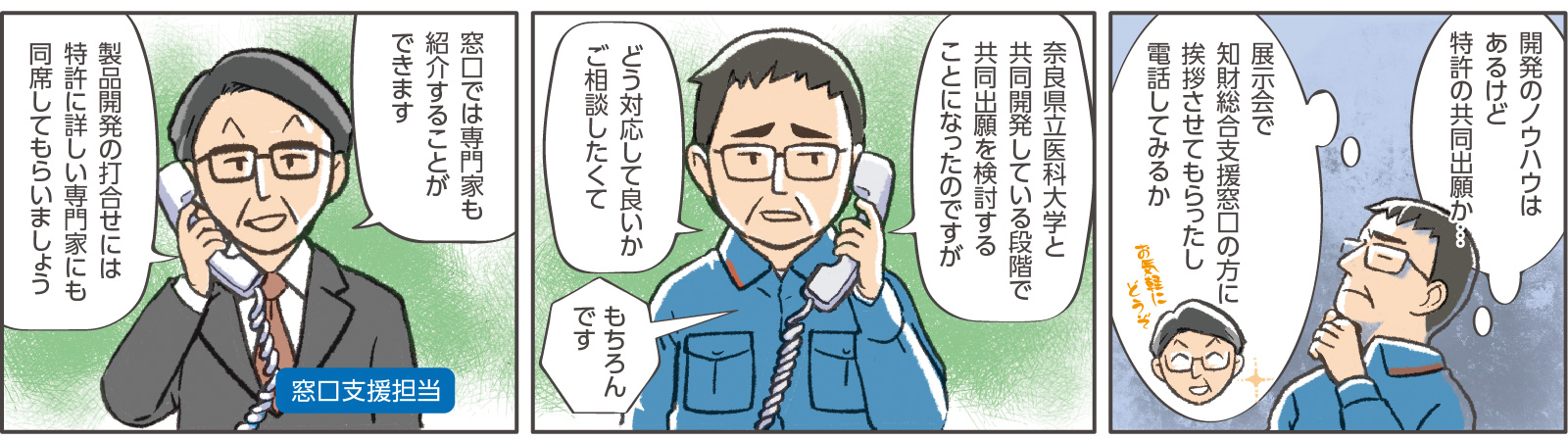 15コマ目吹き出し：社長「開発のノウハウはあるけど特許の共同出願か…」「展示会で知財総合支援窓口の方に挨拶させてもらったし電話してみるか」窓口支援担当「お気軽にどうぞ」　16コマ目吹き出し：社長「奈良県立医科大学と共同開発している段階で共同出願を検討することになったのですが」「どう対応して良いかご相談したくて」窓口支援担当「もちろんです」　17コマ目吹き出し：窓口支援担当「窓口では専門家も紹介することができます」「製品開発の打合せには特許に詳しい専門家にも同席してもらいましょう」