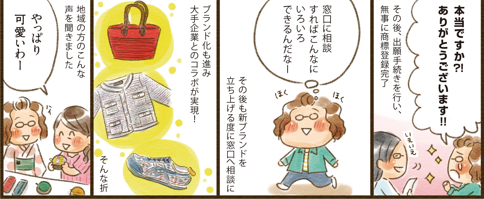 8コマ目地の文：その後、出願手続きを行い、無事に商標登録完了　8コマ目吹き出し：本当ですか？！ありがとうございます！！　9コマ目地の文：その後も新ブランドを立ち上げる度に窓口へ相談に　9コマ目吹き出し：窓口に相談すればこんなにいろいろできるんだなー　10コマ目地の文：ブランド化も進み大手企業とのコラボが実現！そんな折　11コマ目地の文：地域の方のこんな声を聞きました11コマ目吹き出し：やっぱり可愛いわー　