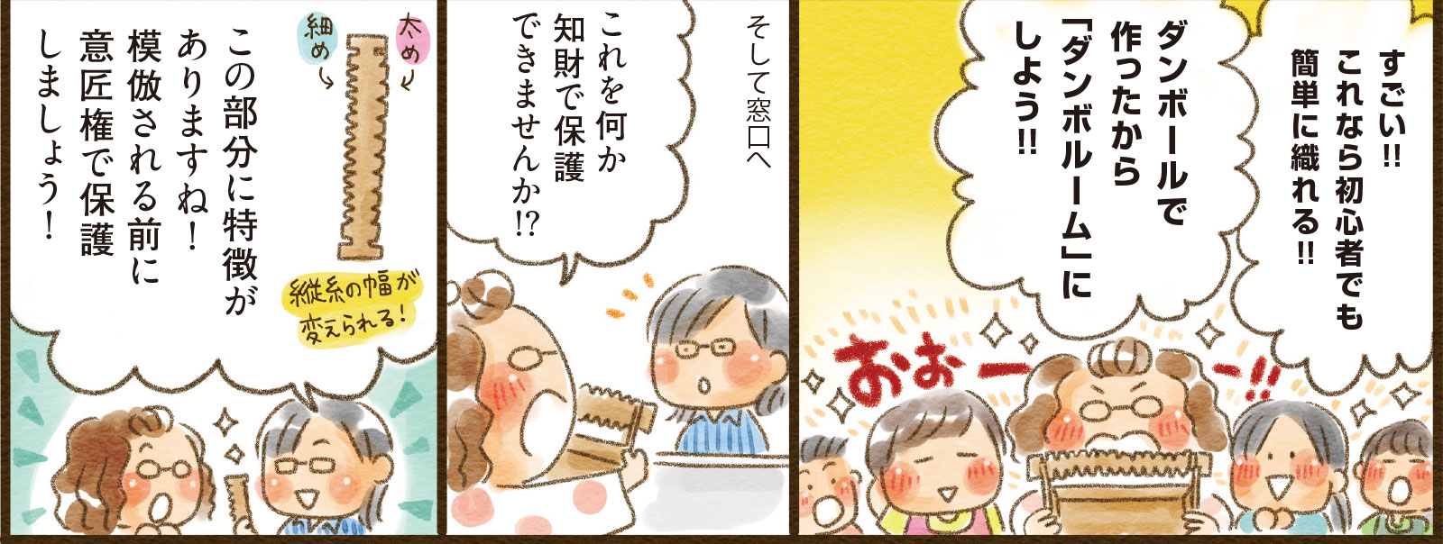 15コマ目吹き出し：すごい！！これなら初心者でも簡単に織れる！！ ダンボールで作ったから「ダンボルーム」にしよう！！　16コマ目地の文：そして窓口へ　16コマ目吹き出し：これを何か知財で保護できませんか！？　17コマ目吹き出し：この部分に特徴がありますね！模倣される前に意匠権で保護しましょう！