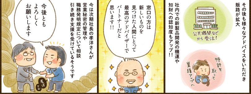 17コマ目地の文：その後も様々なアドバイスをいただき販路が拡大　公共機関などから受注！　特許を取って業績アップへ　社内での新製品開発の機運や知財への認知度もアップ！！　18コマ目吹き出し：窓口の方は新しいものを見つけた人間にとって最高のアドバイザーでパートナーだと思います！！　19コマ目吹き出し：今は次期社長の孝洋さんが営業秘密の管理や職務発明規定について相談　引き続き支援を受けているそうです　孝洋さん　今後ともよろしくお願いします