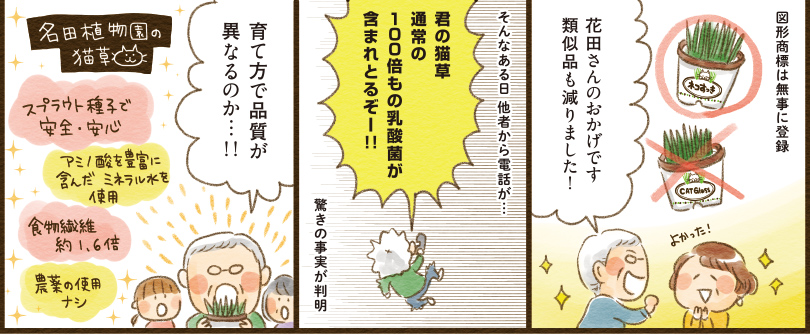 1コマ目地の文：図形商標は無事に登録　花田さんのおかげです　よかった！　2コマ目地の文：そんなある日 他社から電話が… 君の猫草通常の100倍もの乳酸菌が含まれとるぞー!! 驚きの事実が判明 3コマ目地の文：育て方で品質が異なるのか…！！名田植物園の猫草　スプラウト種子で安全・安心　アミノ酸を豊富に含んだミネラル水を使用　食物繊維約1.6倍　農薬の使用ナシ