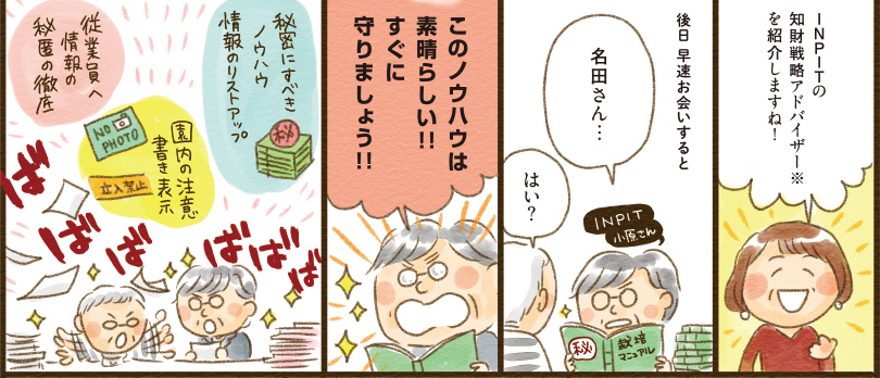 1コマ目地の文：INPITの知財戦略アドバイザー※を紹介しますね！2コマ目地の文：INPUT小原さん　はい？　後日 早速お会いすると 名田さん…　 3コマ目地の文：このノウハウは素晴らしい！！すぐに守りましょう！！4コマ目地の文： 秘密にすべきノウハウ情報のリストアップ　園内の注意書き表示　従業員へ情報の秘匿の徹底