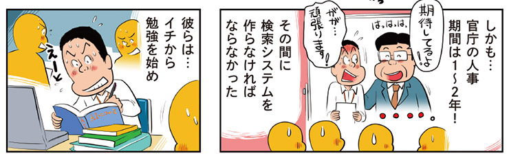 1コマ目地の文：しかも官庁の人事機関は1〜2年 その間に検索システムを作らなければならなかった　2コマ目地の文：彼らは…イチから勉強を初め