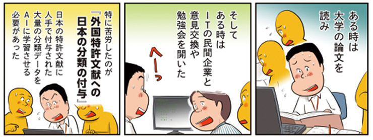 1コマ目地の文：ある時は大学の論文を読み　2コマ目地の文：そしてある時はITの民間企業と意見交換た勉強会を開いた　3コマ目地の文：特に苦労したのが『外国特許文献への日本の分類の付与』 日本の特許文献に人手で付与された大量の分類データをAIに学習させる必要があった