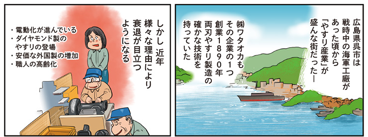 1コマ目地の文：広島県呉市は戦時中の海軍工廠があった頃から「やすり産業」が盛んな街だったー　株式会社ワタオカもその企業の1つ　創業1890年　両刃やすり製造の確かな技術を持っていた　2コマ目地の文：しかし近年様々な理由により衰退が目立つようになる・電動化が進んでいる・ダイヤモンド製のやすりの登場・安価な外国製の増加・職人の高齢化