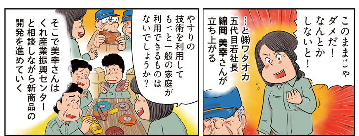 3コマ目地の文：このままじゃダメだ！なんとかしないと！　…と株式会社ワタオカ五代目若社長綿岡 美幸さんが立ち上がる　4コマ目地の文：やすりの技術を利用してもっと一般の家庭が利用できるものはないでしょうか？そこで美幸さんはくれ産業振興センターと相談しながら新商品の開発を進めていく