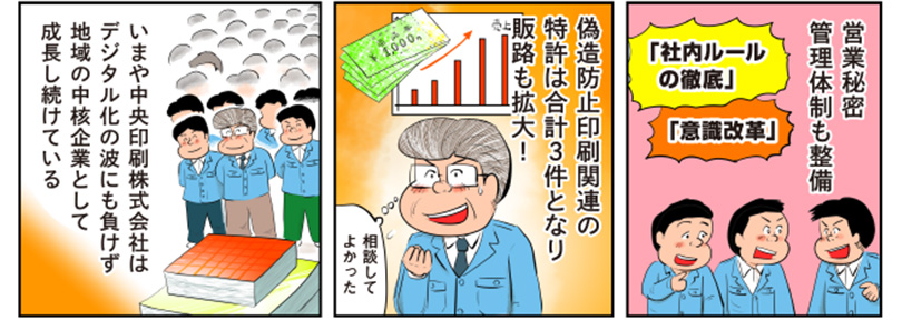 1コマ目の地の文：営業秘密管理体制も整備　「社内ルールの徹底」「意識改革」　2コマ目の地の文：偽造防止印刷関連の特許は合計3件となり販路も拡大！　相談してよかった　3コマ目の地の文：いまや中央印刷株式会社はデジタル化の波にも負けず地域の中核企業として成長し続けている
