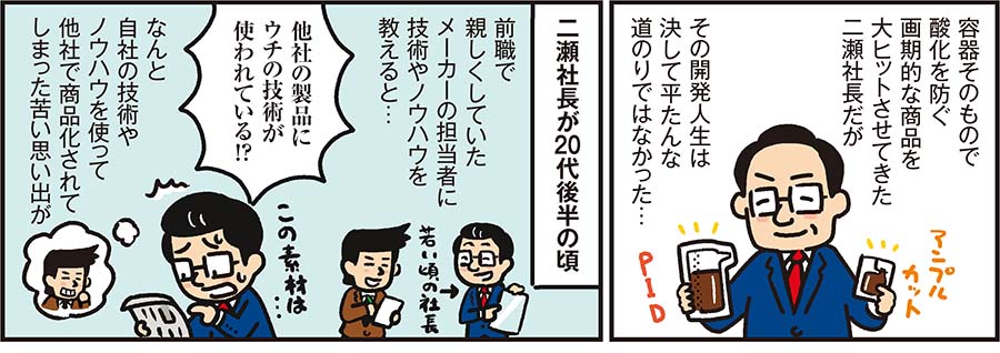 1コマ目の地の文：容器そのもので酸化を防ぐ画期的な商品を大ヒットさせてきた二瀬社長だがその開発人生は決して平たんな道のりではなかった… 2コマ目の地の文：二瀬社長が20代後半の頃 前職で親しくしていたメーカーの担当者に技術やノウハウを教えると… なんと自社の技術やノウハウを使って他社で商品化されてしまった苦い思い出が 「他社の製品にウチの技術が使われている！？」