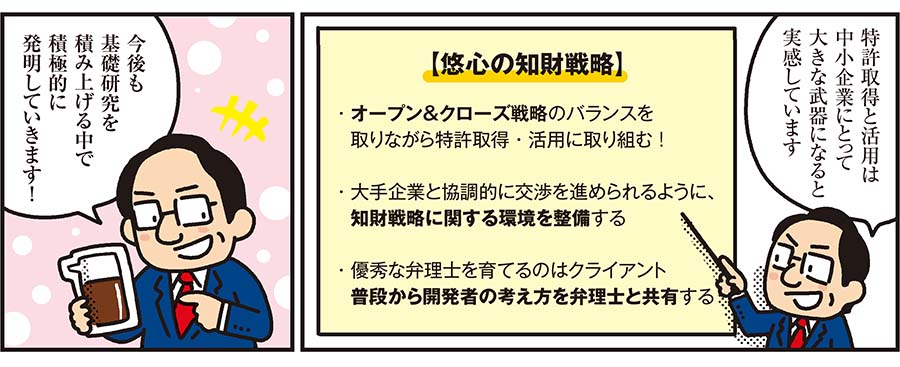 1コマ目の地の文：「特許取得と活用は中小企業にとって大きな武器になると実感しています 」【悠心の知財戦略】・オープン＆クローズ戦略のバランスを取りながら特許取得・活用に取り組む! ・大手企業と協調的に交渉を進められるように、知財戦略に関する環境を整備する ・優秀な弁理士を育てるのはクライアント普段から開発者の考え方を弁理士と共有する 2コマ目の地の文：「今後も基礎研究を積み上げる中で積極的に発明していきます！」