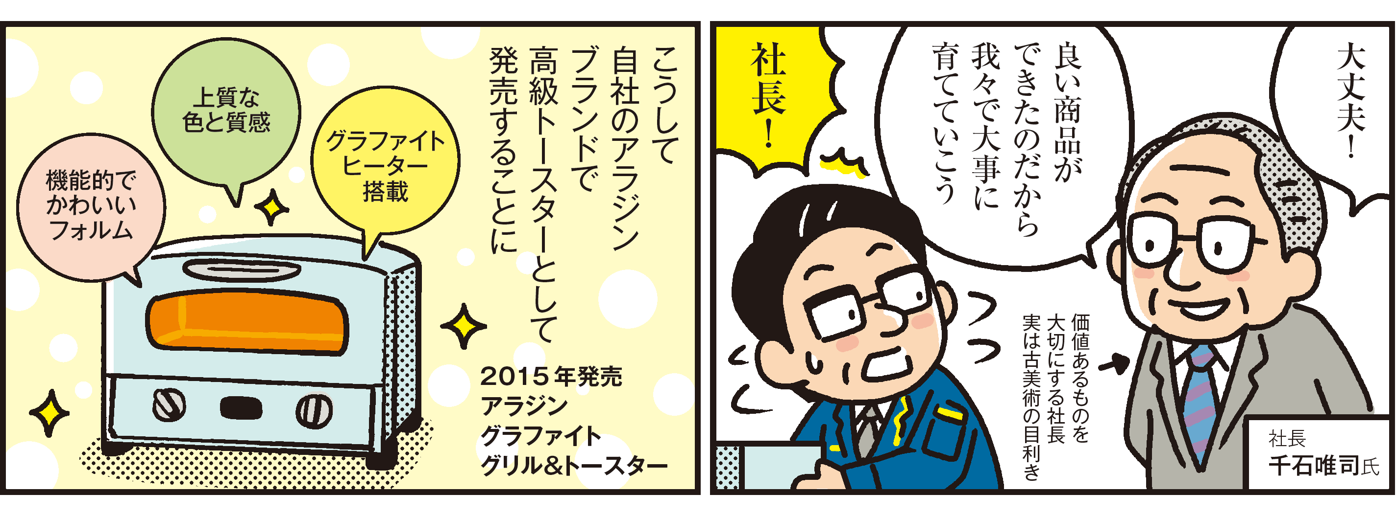 1コマ目の地の文：大丈夫！良い商品ができたのだから我々で大事に育てていこう社長！ 社長！ 価値あるものを大切にする社長 実は古美術の目利き 社長千石唯司氏　2コマ目の地の文：こうして自社のアラジンブランドで高級トースターとして発売することに 2015年発売アラジングラファイトグリル＆トースター グラファイトヒーター搭載 上質な色と質感 機能的でかわいいフォルム