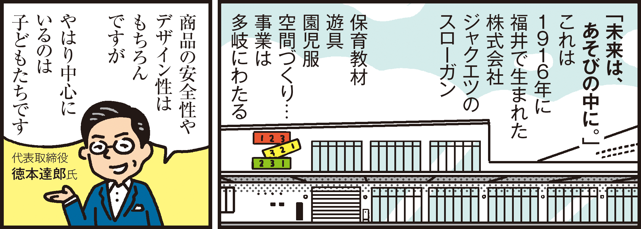 1コマ目の地の文：「未来は、あそびの中に。」これは１９１６年に福井で生まれた株式会社ジャクエツのスローガン保育教材遊具園児服空間づくり…事業は多岐にわたる　２コマ目の地の文商品の安全性やデザイン性はもちろんですがやはり中心にいるのは子どもたちです代表取役徳本達郎氏