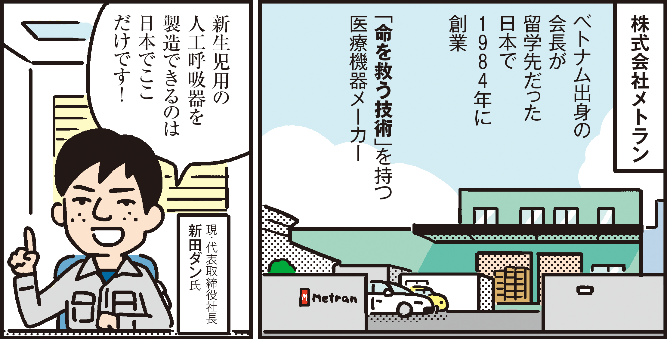 1コマ目の地の文：株式会社メトラン ベトナム出身の会長が留学先だった日本で１９８４年に創業「命を救う技術」を持つ医療機器メーカー　2コマ目の地の文：新生児用の人工呼吸器を製造できるのは日本でここだけです！ 現・代表取締役社長新田ダン氏