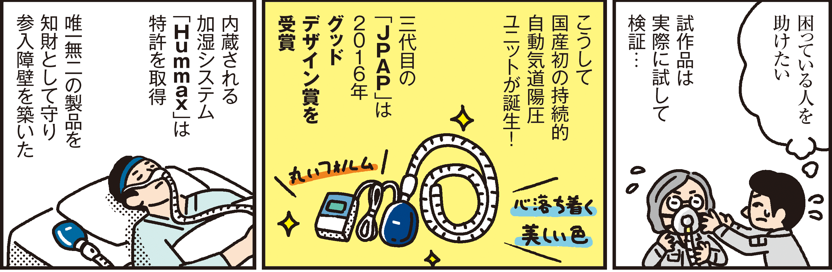 1コマ目の地の文：困っている人を助けたい試作品は実際に試して検証…　２コマ目の地の文：こうして国産初の持続的自動気道陽圧ユニットが誕生！三代目の「ＪＰＡＰ」は２０１６年グッドデザイン賞を受賞 3コマ目の地の文：内蔵される加湿システム「Hummax」は特許を取得唯一無二の製品を知財として守り参入障壁を築いた