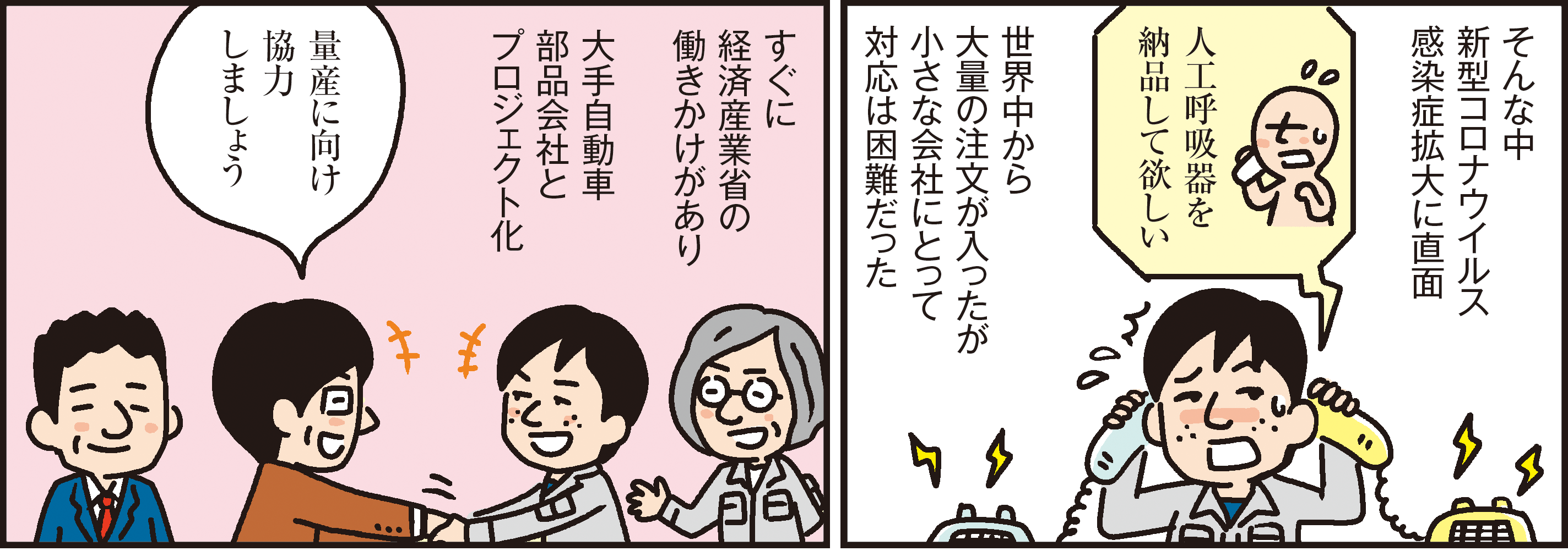 1コマ目の地の文：そんな中新型コロナウイルス感染症拡大に直面人工呼吸器を納品して欲しい世界中から大量の注文が入ったが小さな会社にとって対応は困難だった ２コマ目の地の文：すぐに経済産業省の働きかけがあり大手自動車部品会社とプロジェクト化量産に向け協力しましょう