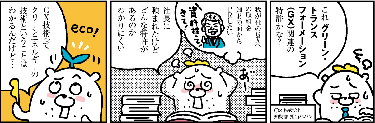 1コマ目の地の文：これグリーン・トランスフォーメーション（GX）関連の特許かな？　2コマ目の地の文：我が社のGXへの取組を知財の面からPRしたい 社長に頼まれたけどどんな特許があるのか分かりにくい　3コマ目の地の文：GX技術ってクリーンエネルギーの技術ということはわかるんだけど…