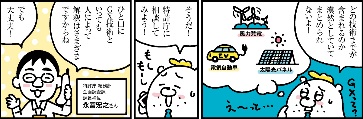 1コマ目の地の文：どの技術までが含まれているのか漠然としていてまとめられないよ！　2コマ目の地の文：そうだ！特許庁に相談してみよう！　3コマ目の地の文：ひと口にGX技術といっても人によって解釈はさまざまですからね でも大丈夫！
