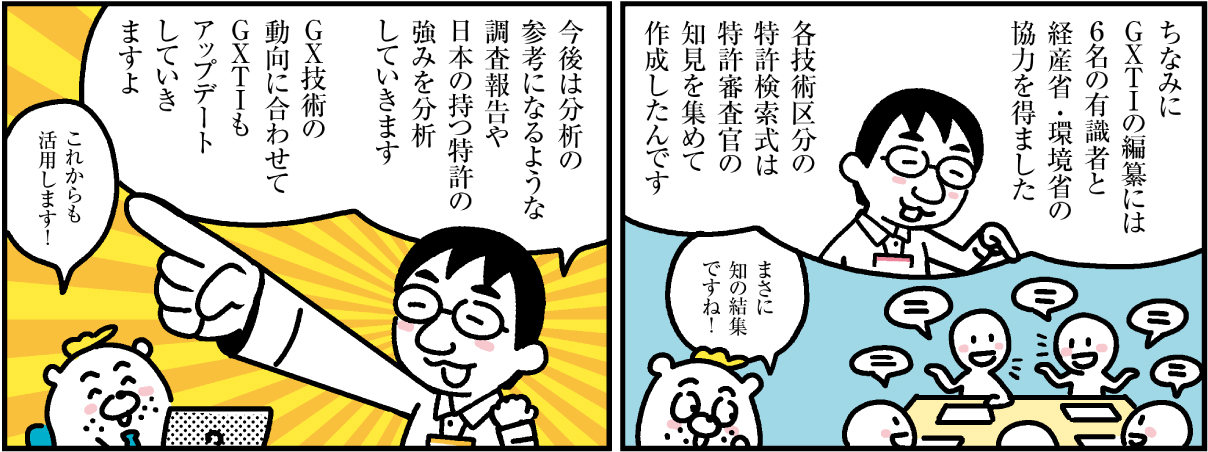 1コマ目の地の文：ちなみにGXTIの編纂には6名の有識者と経産省・環境省の協力を得ました 各技術区分の特許検索式は特許審査官の知見を集めて作成したんです　2コマ目の地の文：今後は分析の参考になるような調査報告や日本の持つ特許の強みを分析していきます GX技術の動向に合わせてGXTIもアップデートしていきますよ これからも活用します！