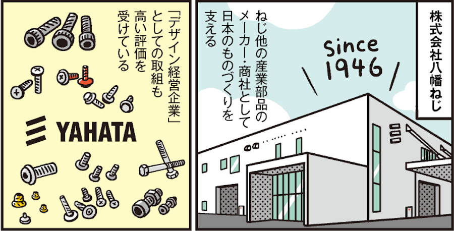 1コマ目の地の文：株式会社八幡ねじ ねじ他の産業部品のメーカー・商社として日本のものづくりを支える　2コマ目の地の文：「デザイン経営企業」としての取組も高い評価を受けている