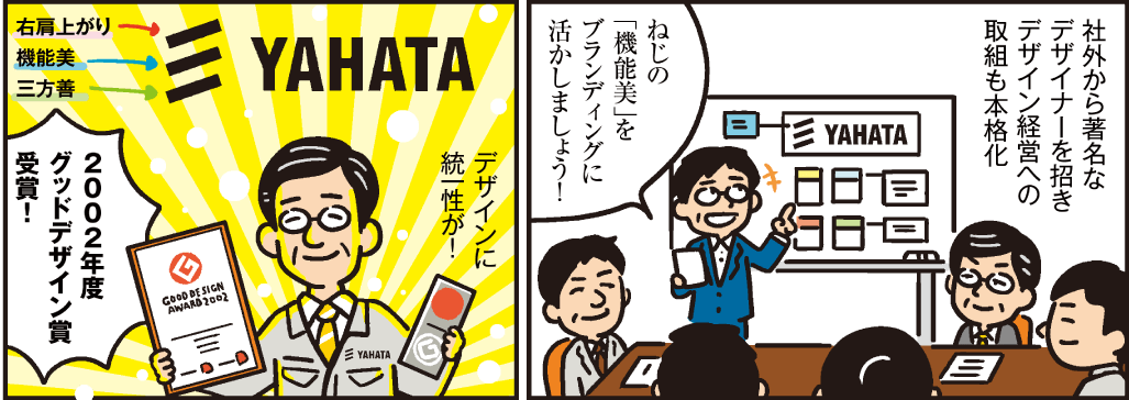1コマ目の地の文：社外から著名なデザイナーを招きデザイン経営への取組も本格化 ねじの「機能美」をブランディングに活かしましょう！　2コマ目の地の文：デザインに統一性が！ 2002年度グッドデザイン賞受賞！