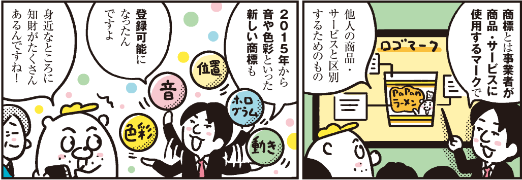 1コマ目の地の文：商標とは事業者が商品・サービスに使用するマークで他人の商品・サービスと区別するためのもの　2コマ目の地の文：2015年から音や色彩といった新しい商標も登録可能になったんですよ 身近なところに知財がたくさんあるんですね！