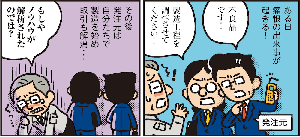 1コマ目の地の文：ある日痛恨の出来事が起きる！ 発注元 不良品です！ 製造工程を調べさせてください！　2コマ目の地の文：その後発注元は自分たちで製造を始め取引も解消・・・ もしやノウハウが解析されたのでは？