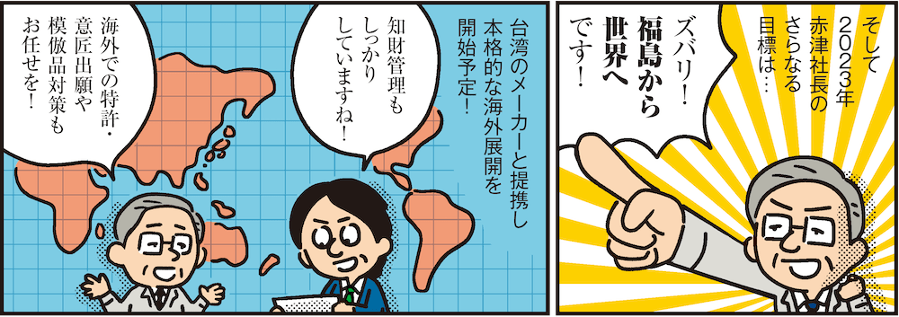 1コマ目の地の文：そして2023年赤津社長のさらなる目標は… ズバリ！福島から世界へです！　2コマ目の地の文：台湾のメーカーと提携し本格的な海外展開を開始予定！ 知財管理もしっかりしていますね！ 海外での特許・意匠出願や模倣品対策もお任せを！