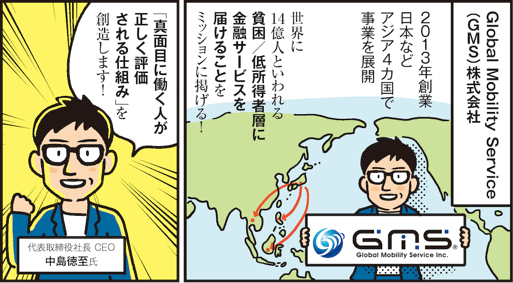 1コマ目の地の文：Global Mobility Service（GMS）株式会社 2013年創業日本などアジア4カ国で事業を展開 世界に14億人といわれる貧困／低所得者層に金融サービスを届けることをミッションに掲げる！　2コマ目の地の文：代表取締役社長 CEO 中島徳至氏 「真面目に働く人が正しく評価される仕組み」を創造します！