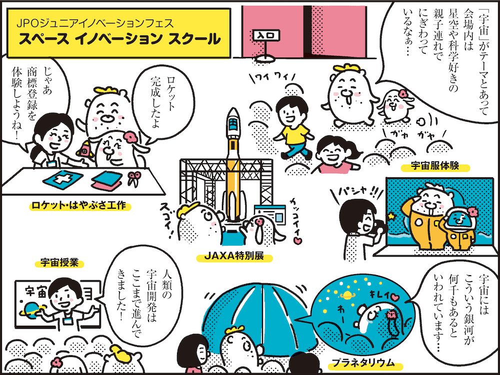 1コマ目の地の文：JPOジュニアイノベーションフェス スペースイノベーションスクール 「宇宙」がテーマとあって会場内は星空や科学好きの親子連れでにぎわっているなぁ… 宇宙にはこういう銀河が何千もあるといわれています… ロケット完成したよ じゃあ商標登録を体験しようね！ 人類の宇宙開発はここまで進んできました！