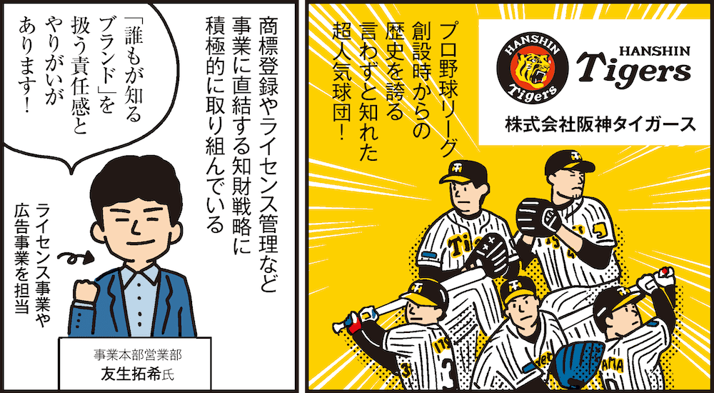 1コマ目の地の文：プロ野球リーグ創設時からの歴史を誇る言わずと知れた超人気球団　2コマ目の地の文：商標登録やライセンス管理など事業に直結する知財戦略に積極的に取り組んでいる 「誰もが知るブランド」を扱う責任感とやりがいがあります！ 事業本部営業部 友生拓希氏