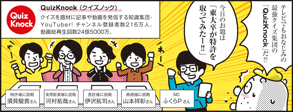 1コマ目の地の文：テレビでもおなじみの最強クイズ集団の「QuizKnock」だ！？ 今日のお題は「東大卒が特許を取ってみたー！！」 QuizKnock （クイズノック）クイズを題材に記事や動画を発信する知識集団・YouTuber！ チャンネル登録者数216万人。動画総再生回数24億5000万。 MC ふくらPさん 商標権に挑戦 山本祥彰さん 意匠権に挑戦 伊沢拓司さん 実用新案権に挑戦 河村拓哉さん 特許権に挑戦 須貝駿貴さん