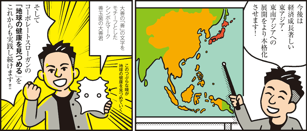 1コマ目の地の文：今後は経済成長著しい東アジア・東南アジアへの展開をより本格化させます！　2コマ目の地の文：大善の「善」の文字をモチーフとしたシンボルマーク善玉菌の大善君 そしてコーポレートスローガンの「地球の健康を見つめる」をこれからも実践し続けます！！