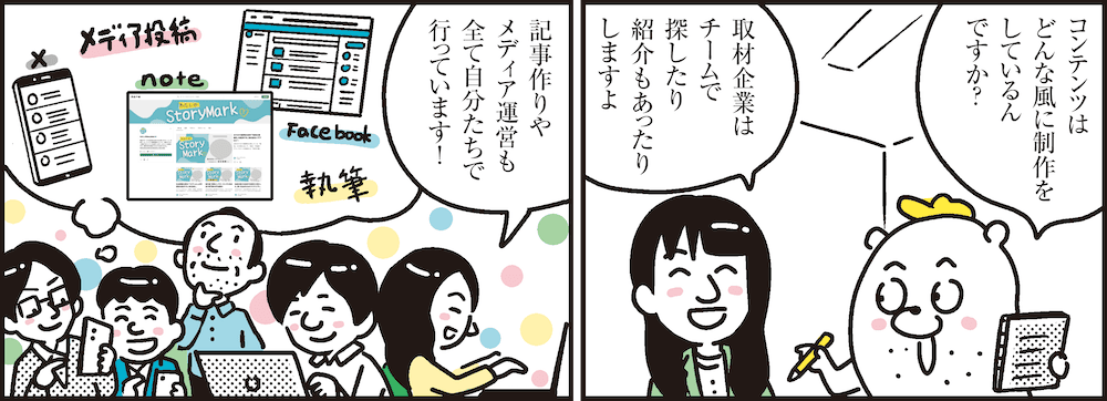 1コマ目の地の文：コンテンツはどんな風に制作をしているんですか？ 取材企業はチームで探したり紹介もあったりしますよ　2コマ目の地の文：記事作りやメディア運営も全て自分たちで行っています！