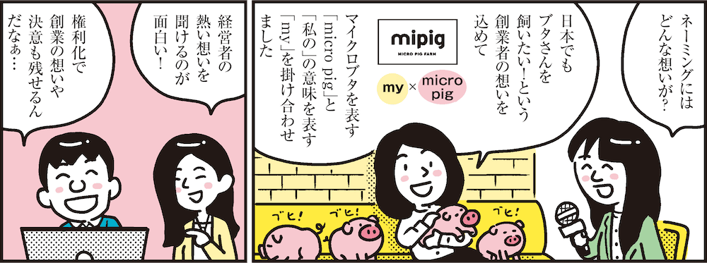 1コマ目の地の文：ネーミングにはどんな想いが？ 日本でもブタさんを飼いたい！という創業者の想いを込めてマイクロブタを表す「micro pig」と「私の」の意味を表す「my」を掛け合わせました　2コマ目の地の文：経営者の熱い想いを聞けるのが面白い！ 権利化で創業の想いや決意も残せるんだなぁ…