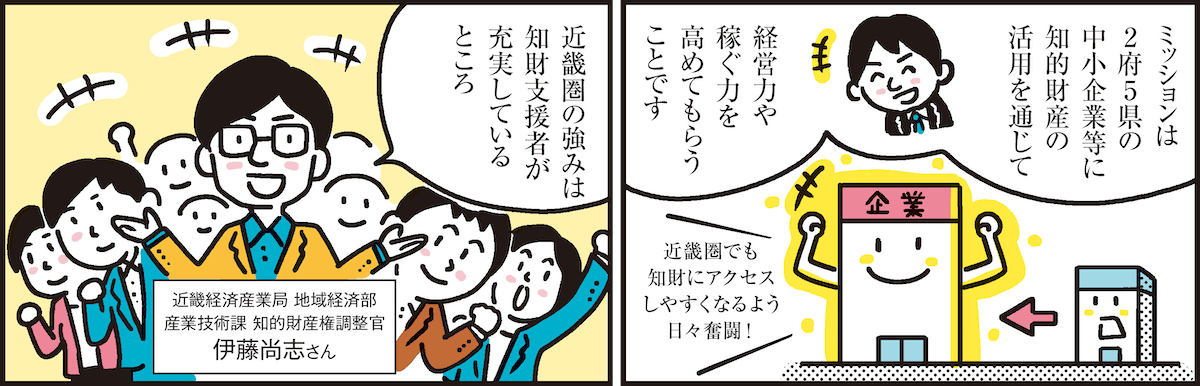 1コマ目の地の文：ミッションは2府5県の中小企業等に知的財産の活用を通じて経営力や稼ぐ力を高めてもらうことです　2コマ目の地の文：近畿圏の強みは知財支援者が充実しているところ 近畿経済産業局 地域経済部産業技術課 知的財産権調整官 伊藤尚志さん