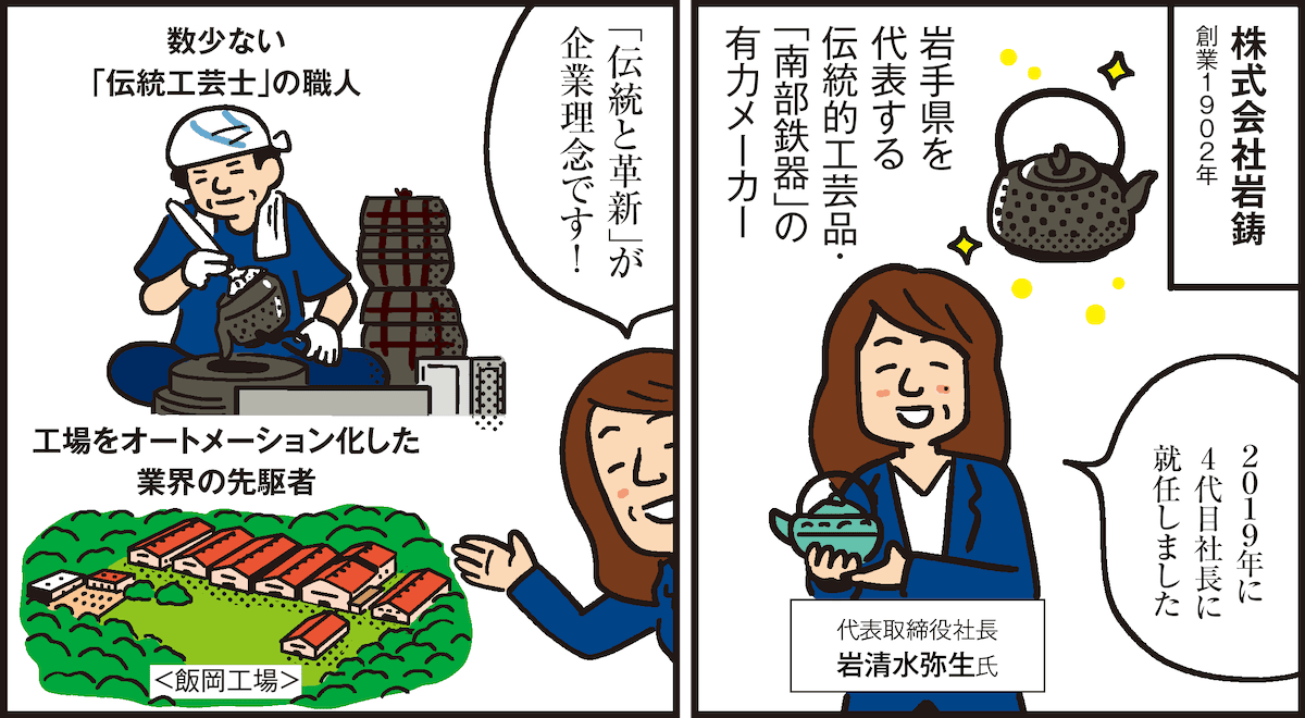 1コマ目の地の文：株式会社岩鋳 創業1902年 岩手県を代表する伝統的工芸品・「南部鉄器」の有力メーカー 2019年に4代目社長に就任しました 代表取締役社長 岩清水弥生氏　2コマ目の地の文：「伝統と革新」が企業理念です！ 数少ない「伝統工芸士」の職人 工場をオートメーション化した業界の先駆者
