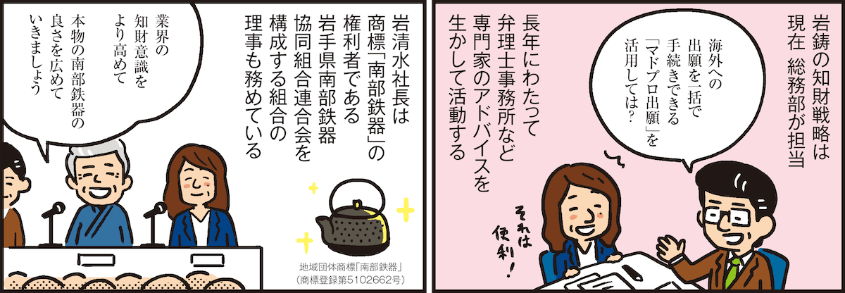 1コマ目の地の文：岩鋳の知財戦略は現在総務部が担当 長年にわたって弁理士事務所など専門家のアドバイスを生かして活動する 海外への出願を一括で手続きできる「マドプロ出願」を活用しては？　2コマ目の地の文：岩清水社長は商標「南部鉄器」の権利者である岩手県南部鉄器協同組合連合会を構成する組合の理事も務めている 業界の知財意識をより高めて本物の南部鉄器の良さを広めていきましょう 地域団体商標「南部鉄器」（商標登録第5102662号）