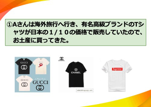 たけるくんは海外旅行へ行き、有名高級ブランドのTシャツが日本の１/１０の価格で販売していたので、お土産に買ってきた