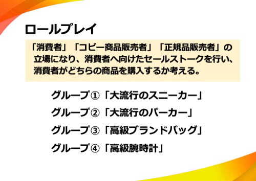 「消費者」「コピー商品販売者」「正規品販売者」の立場になり、消費者へ向けたセールストークを行い、消費者がどちらの商品を購入するか考える。